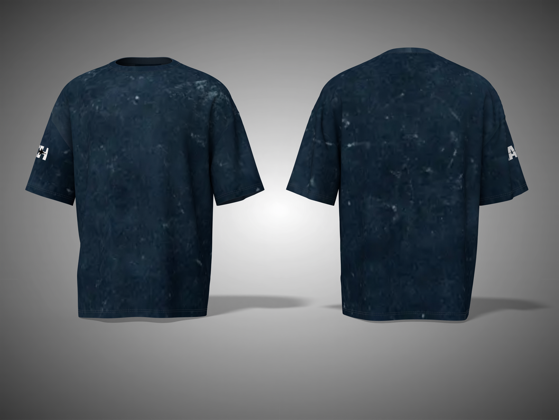 Navy blue t-shirt with white patterns on a gray background