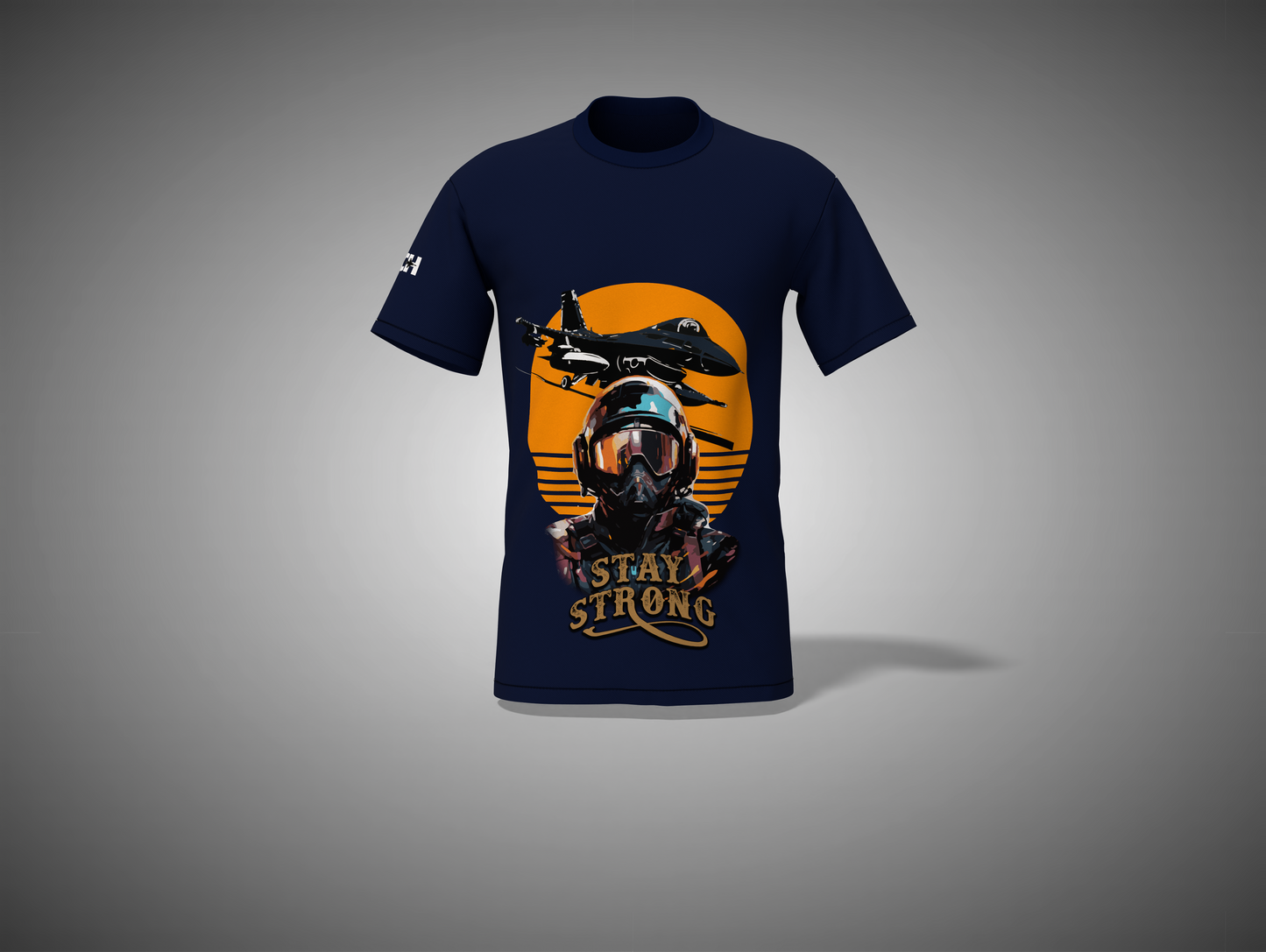 Navy_Blue t-shirt with a graphic design on a gray background