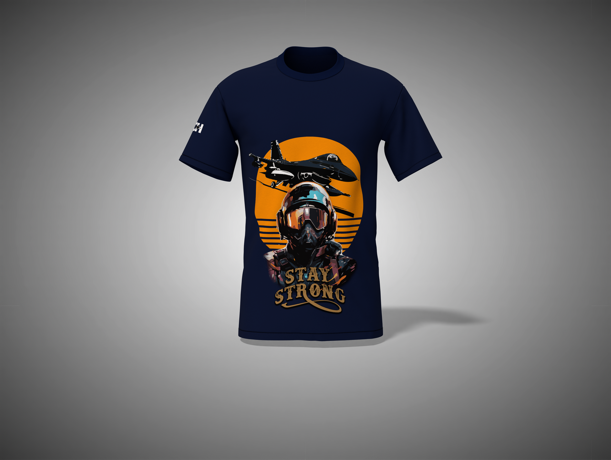 Navy_Blue t-shirt with a graphic design on a gray background