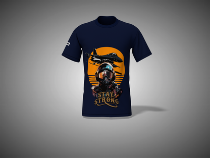 Navy_Blue t-shirt with a graphic design on a gray background