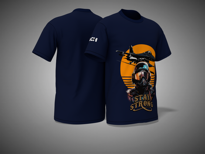 Navy blue t-shirt with a graphic design on the front and back, featuring a pilot and text 'Stay Strong'.