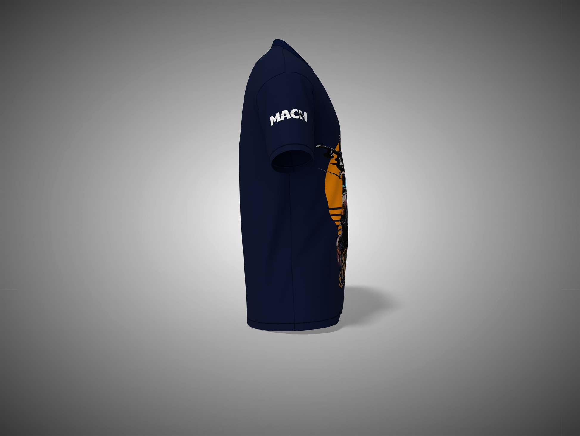 Navy_Blue bodyboard with orange design and 'MACH' branding on a gray background