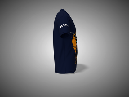 Navy_Blue bodyboard with orange design and 'MACH' branding on a gray background