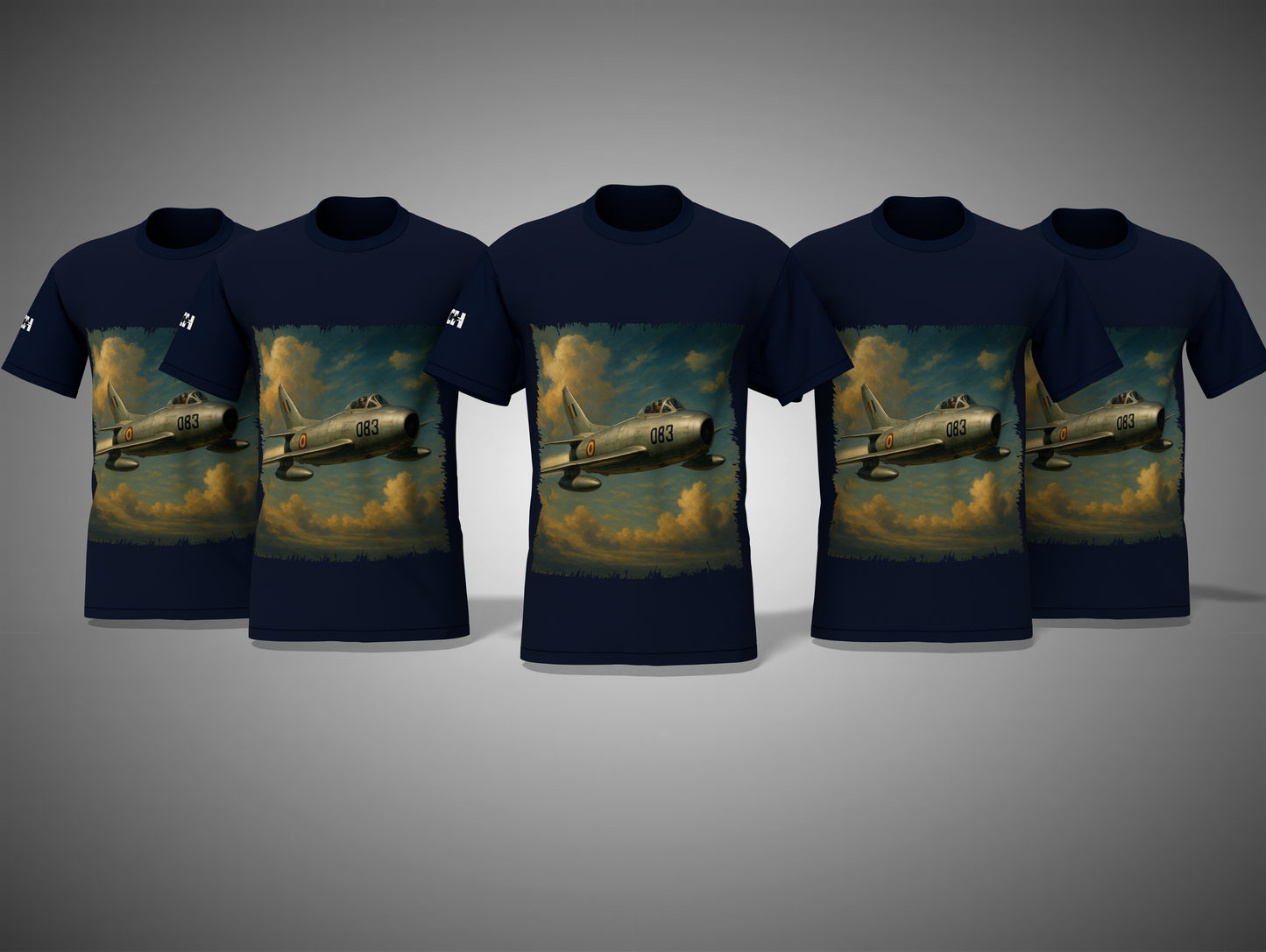 navy blue t-shirts with airplane graphic on a gray background