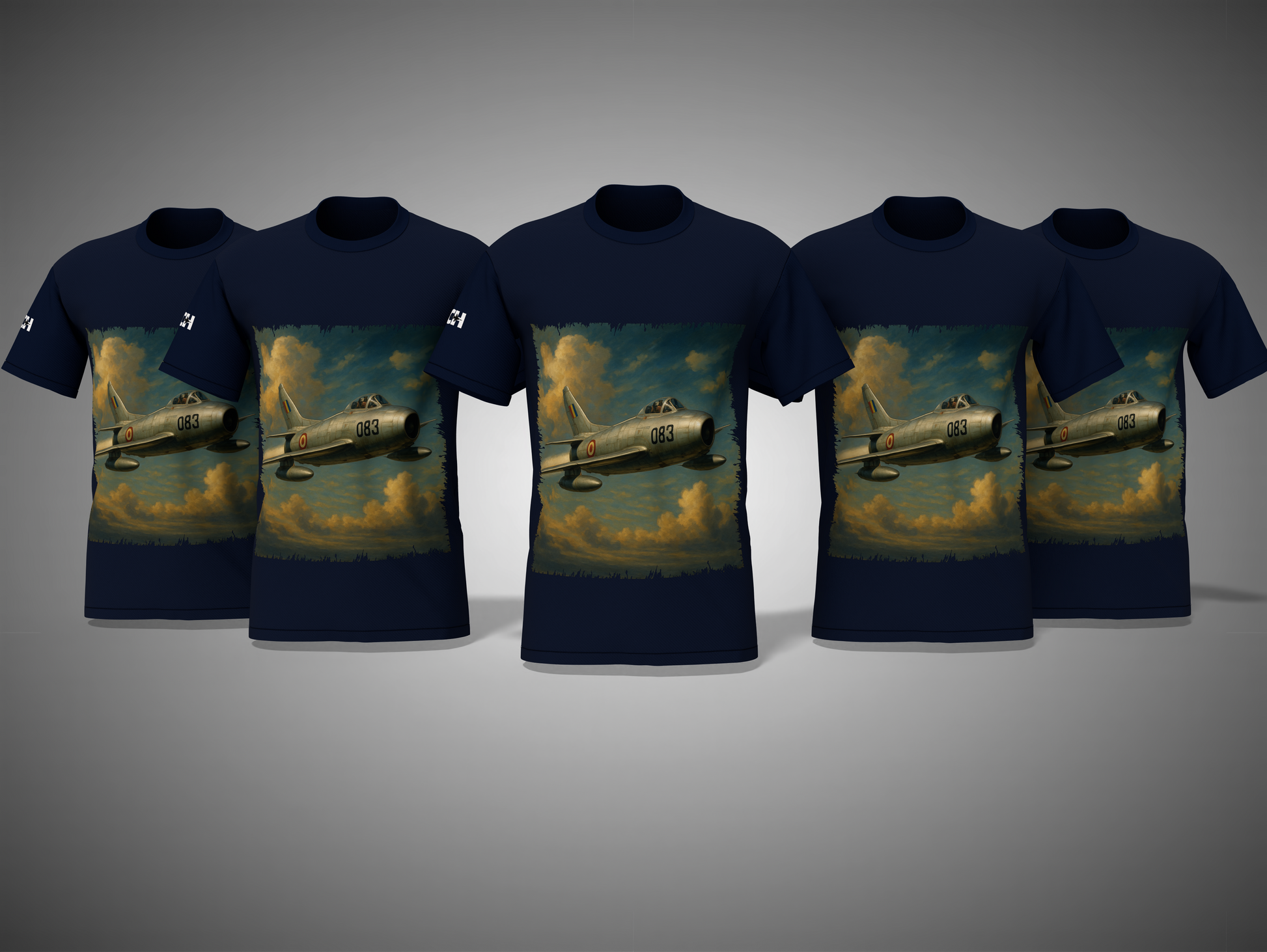 navy blue t-shirts with airplane graphic on a gray background