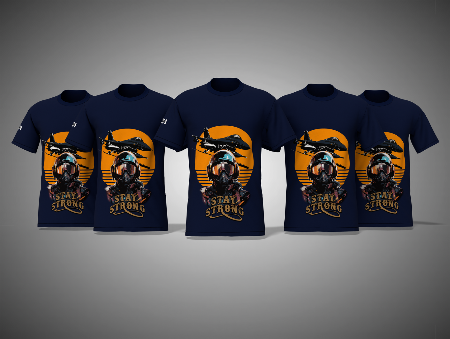 Navy Blue t-shirts with a graphic design and 'Stay Strong' text on a gray background