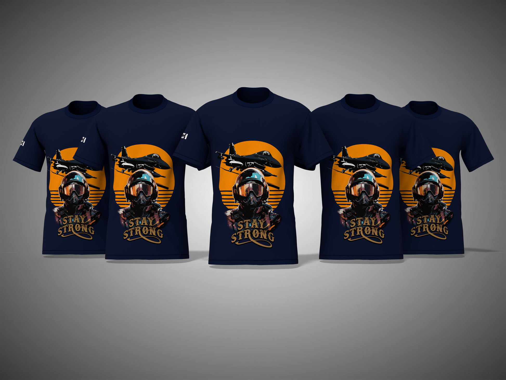 Navy Blue t-shirts with a graphic design and 'Stay Strong' text on a gray background