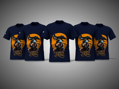 Navy Blue t-shirts with a graphic design and 'Stay Strong' text on a gray background