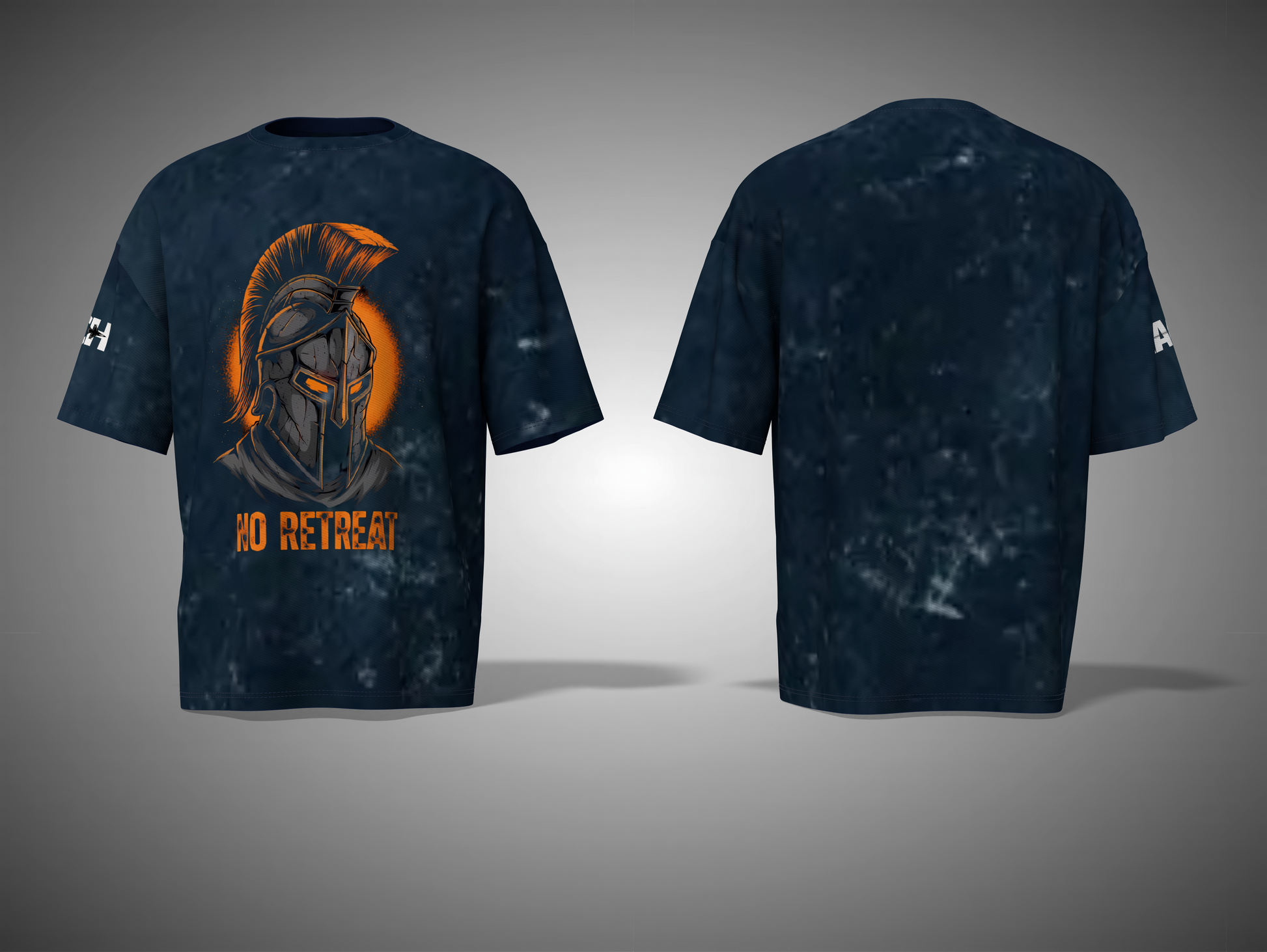 Navy Blue tie-dye t-shirt with graphic design and text on a gray background