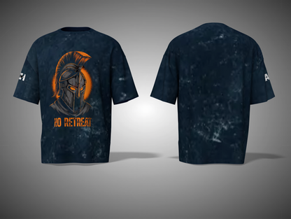 Navy Blue tie-dye t-shirt with graphic design and text on a gray background