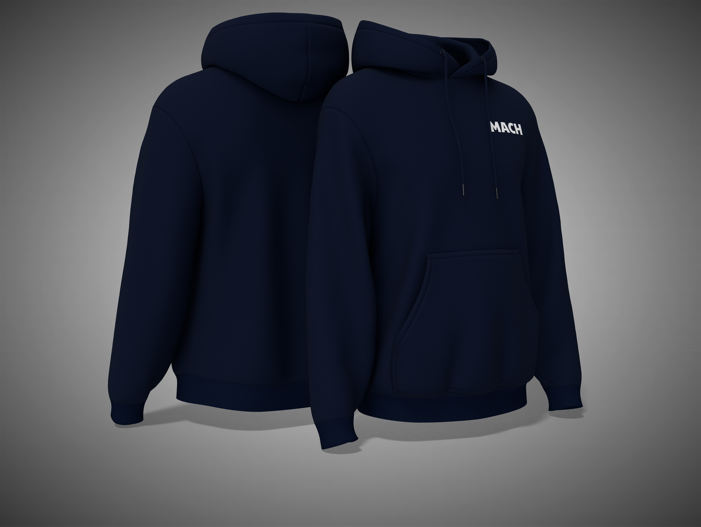 Navy blue hoodie with 'MACH' branding on a gray background