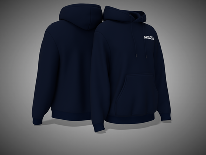 Navy blue hoodie with 'MACH' branding on a gray background