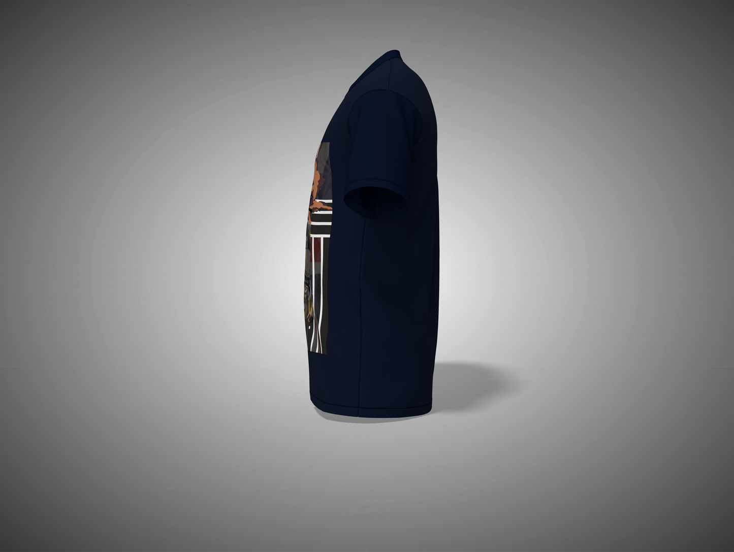 Navy blue t-shirt with a graphic design on a gray background