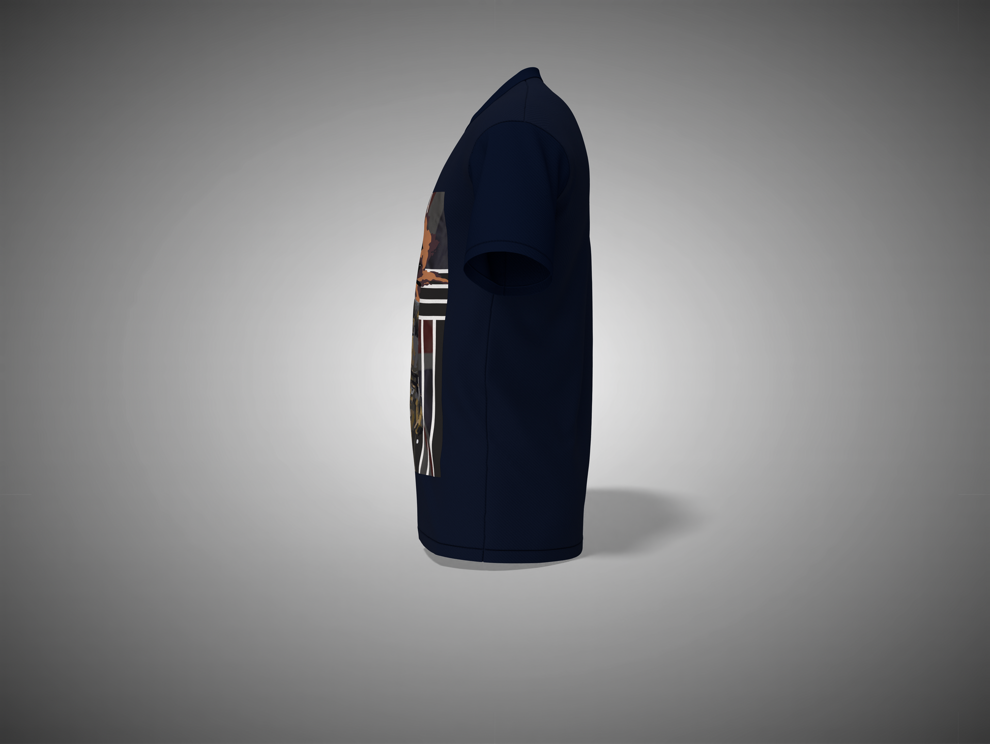 Navy blue t-shirt with a graphic design on a gray background