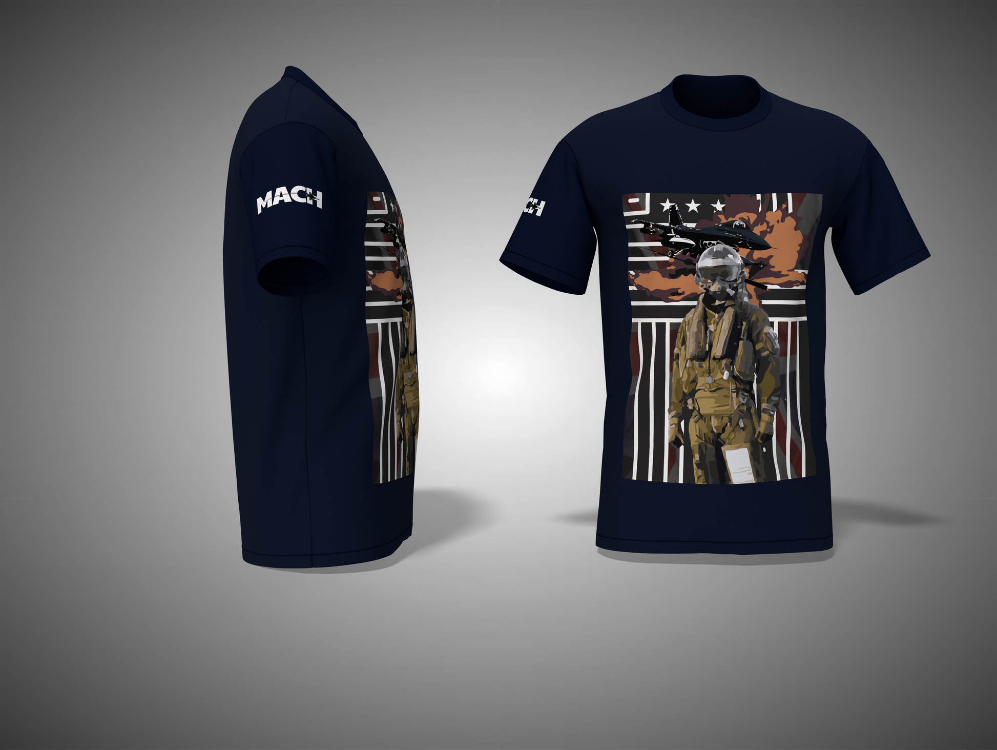 Navy blue t-shirt with graphic design on a gray background