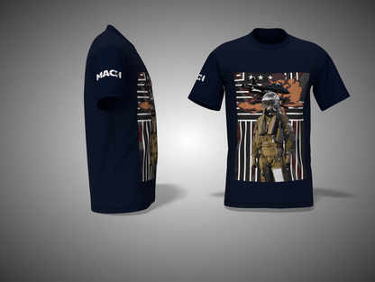 Navy blue t-shirt with graphic design on a gray background