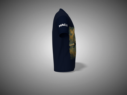 Navybluer t-shirt with a colorful graphic on a gray background