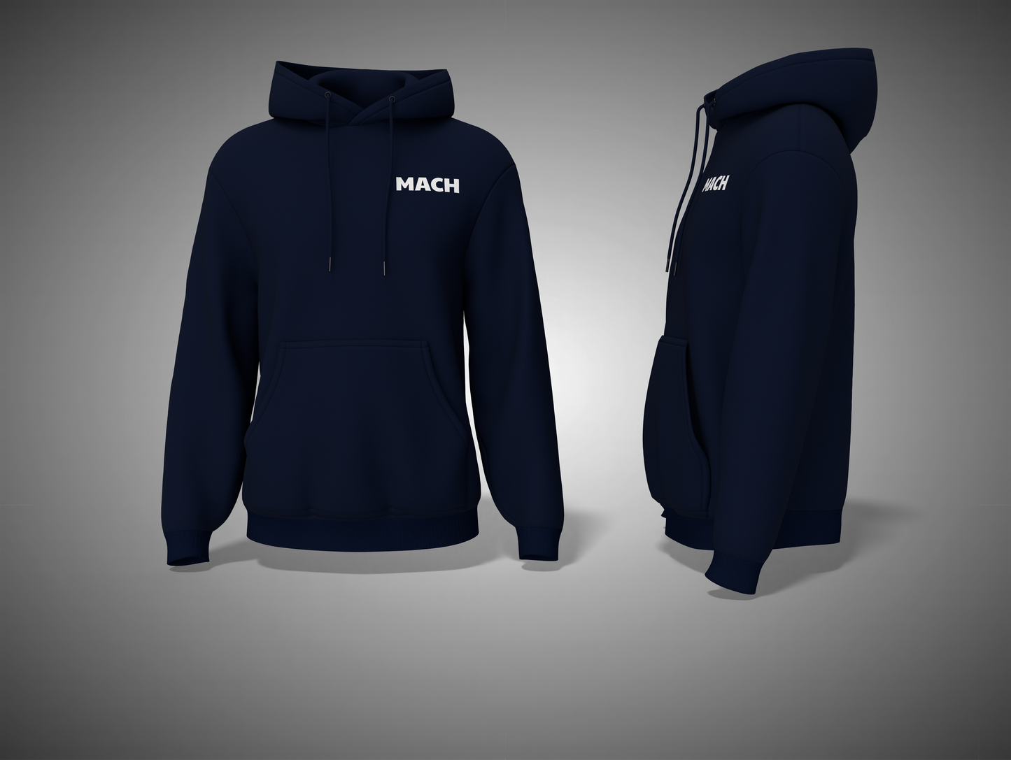Navy blue hoodie with 'MACH' branding on a gray background