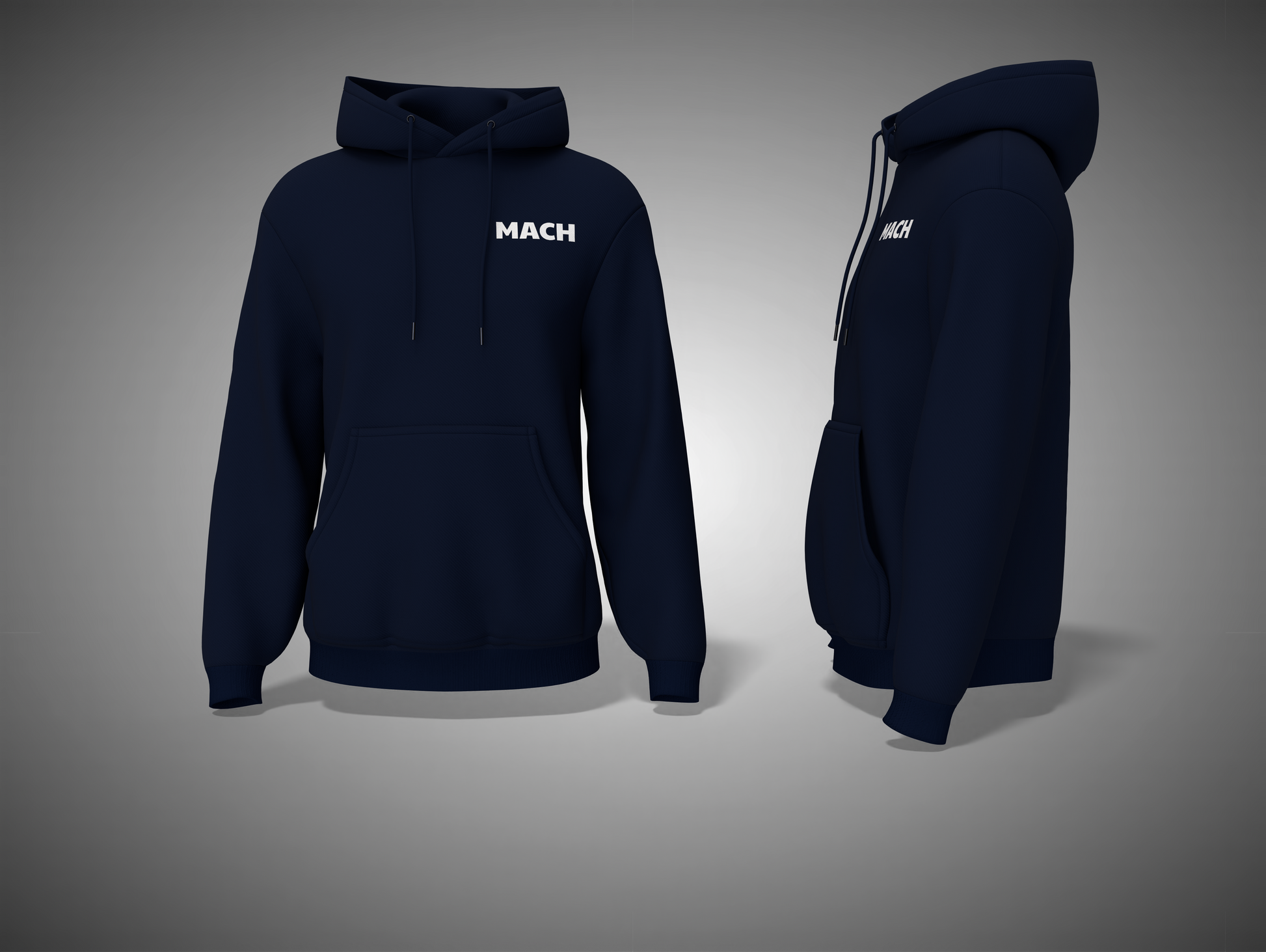 Navy blue hoodie with 'MACH' branding on a gray background