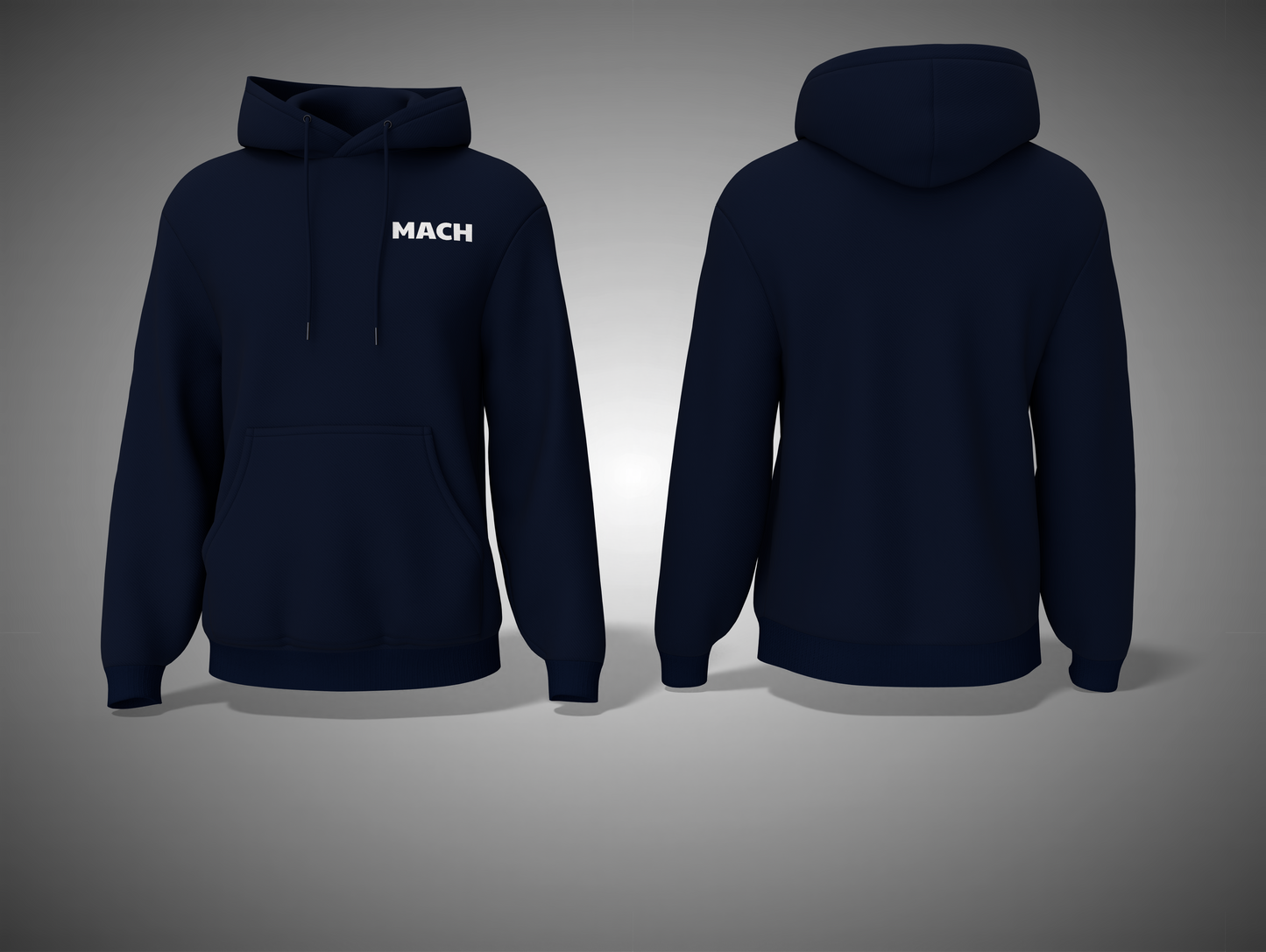 Navy blue hoodie with 'MACH' logo on front, shown from front and back on a gray background