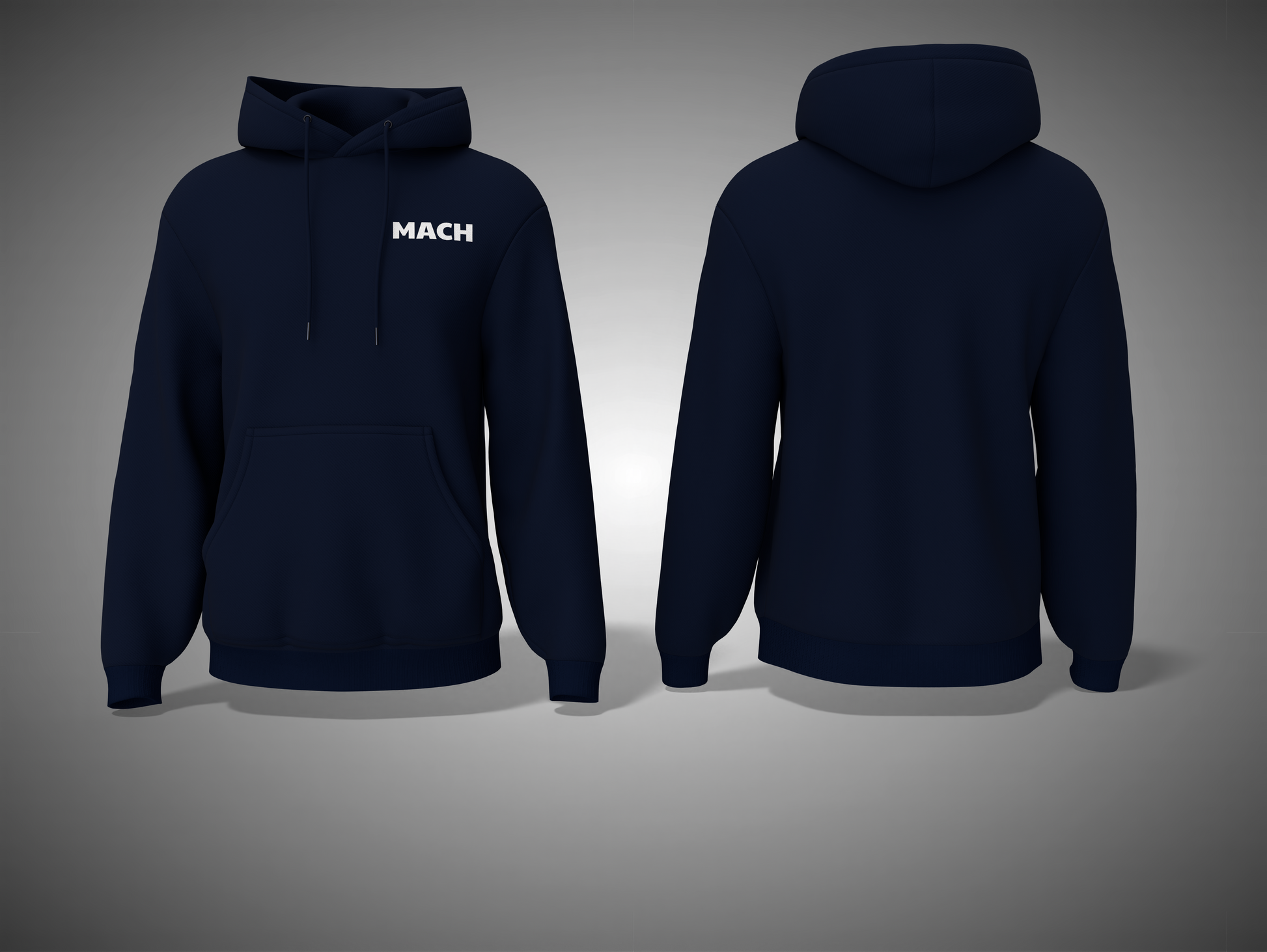 Navy blue hoodie with 'MACH' logo on front, shown from front and back on a gray background