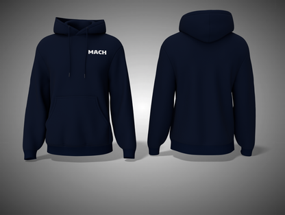 Navy blue hoodie with 'MACH' logo on front, shown from front and back on a gray background