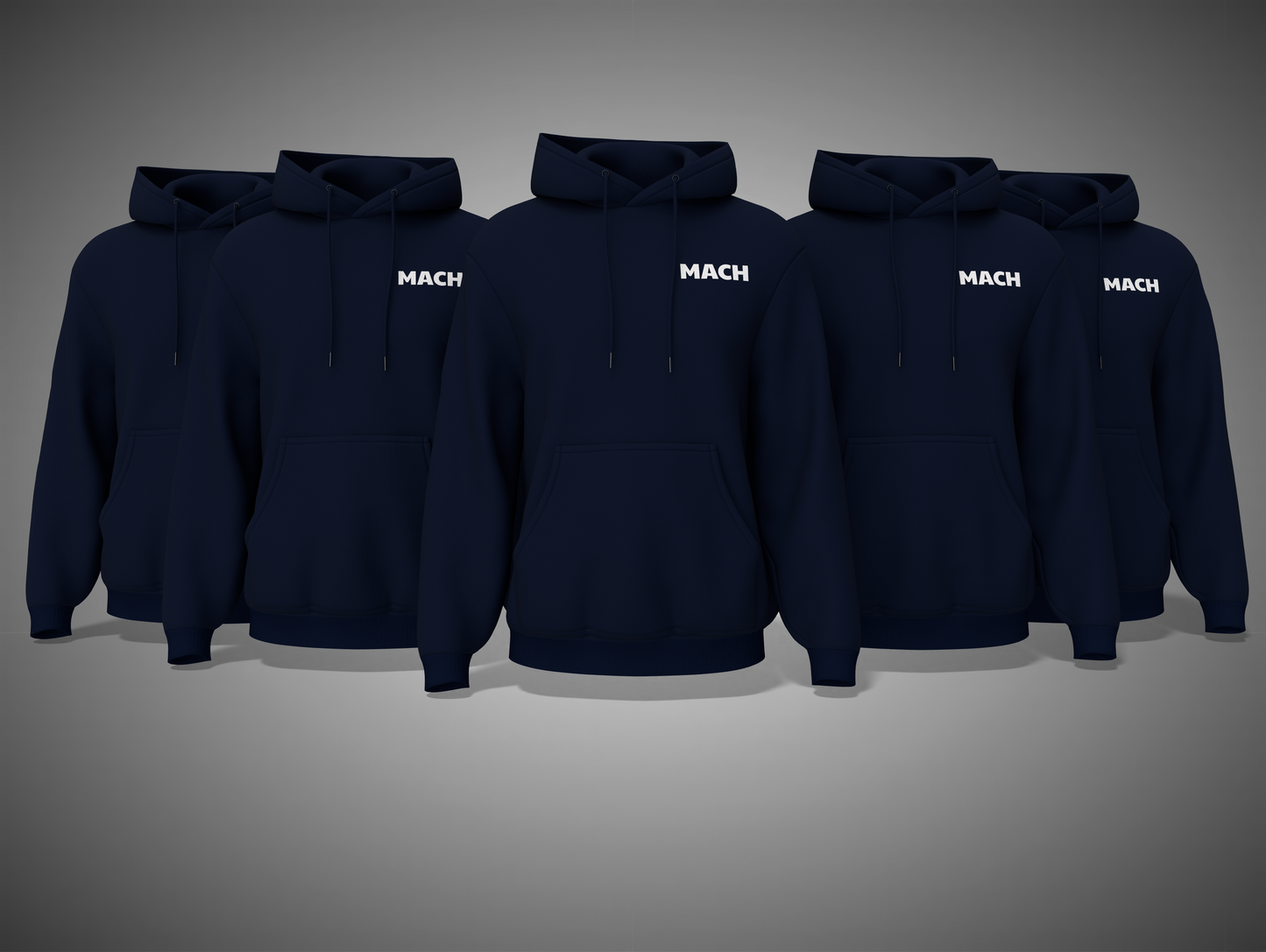 Five navy blue hoodies with 'MACH' branding on a gray background