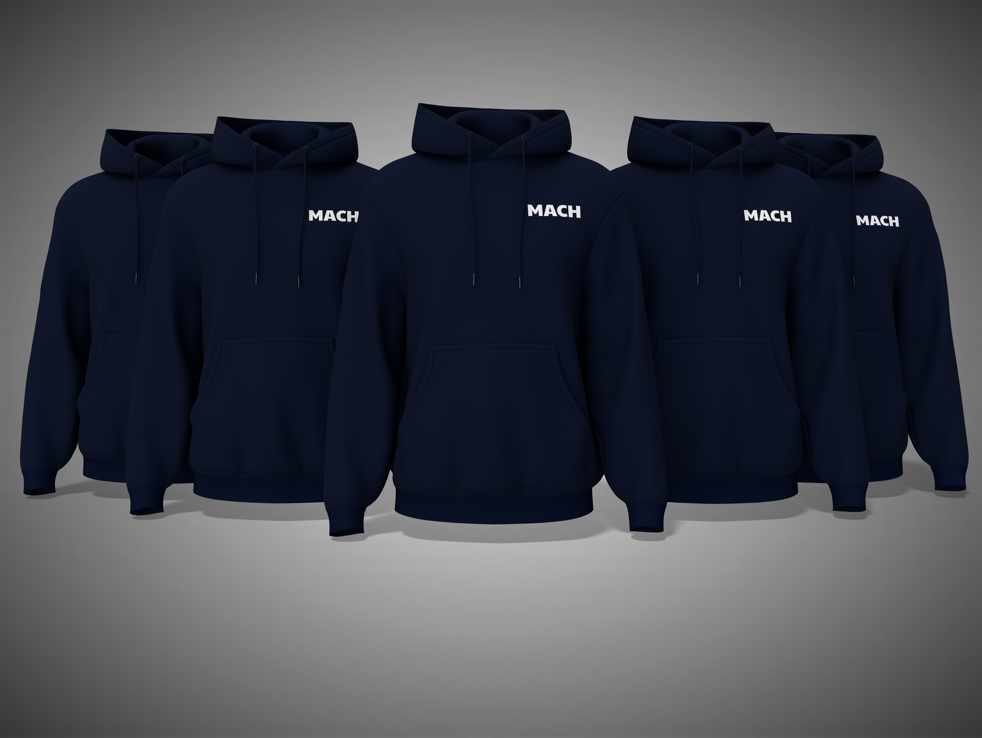 Five navy blue hoodies with 'MACH' branding on a gray background