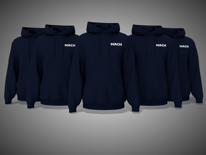 Five navy blue hoodies with 'MACH' branding on a gray background