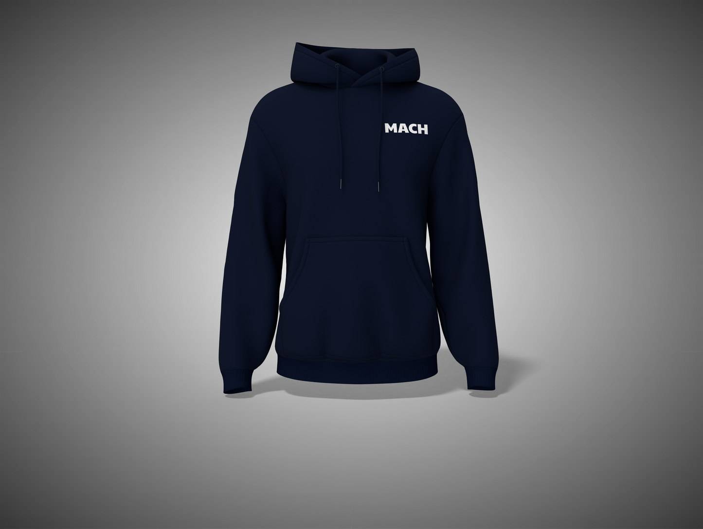 Navy blue hoodie with 'MACH' logo on a gray background