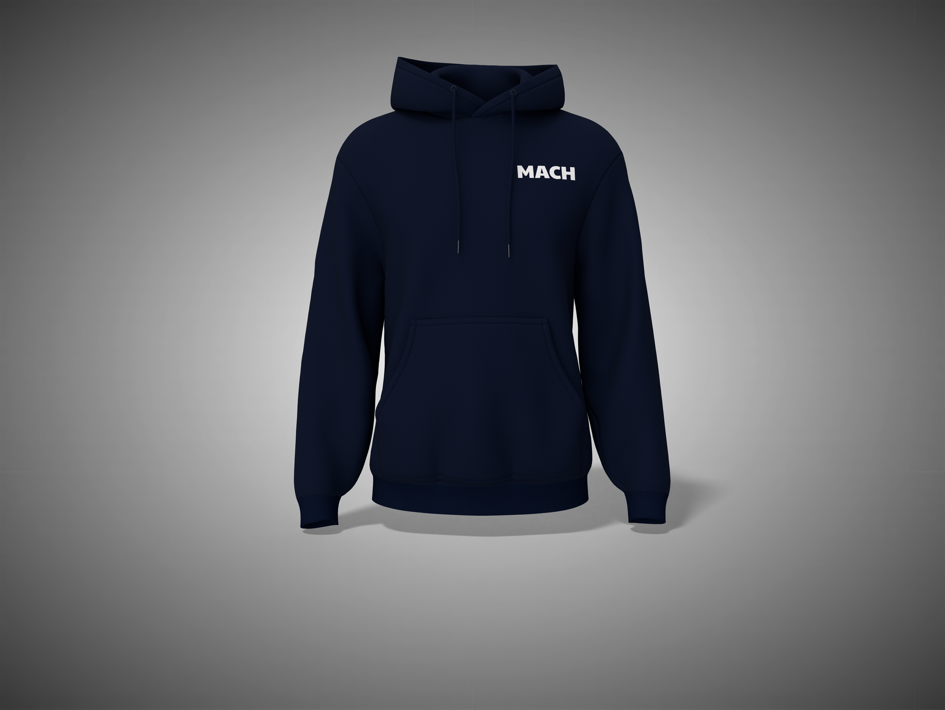 Navy blue hoodie with 'MACH' logo on a gray background