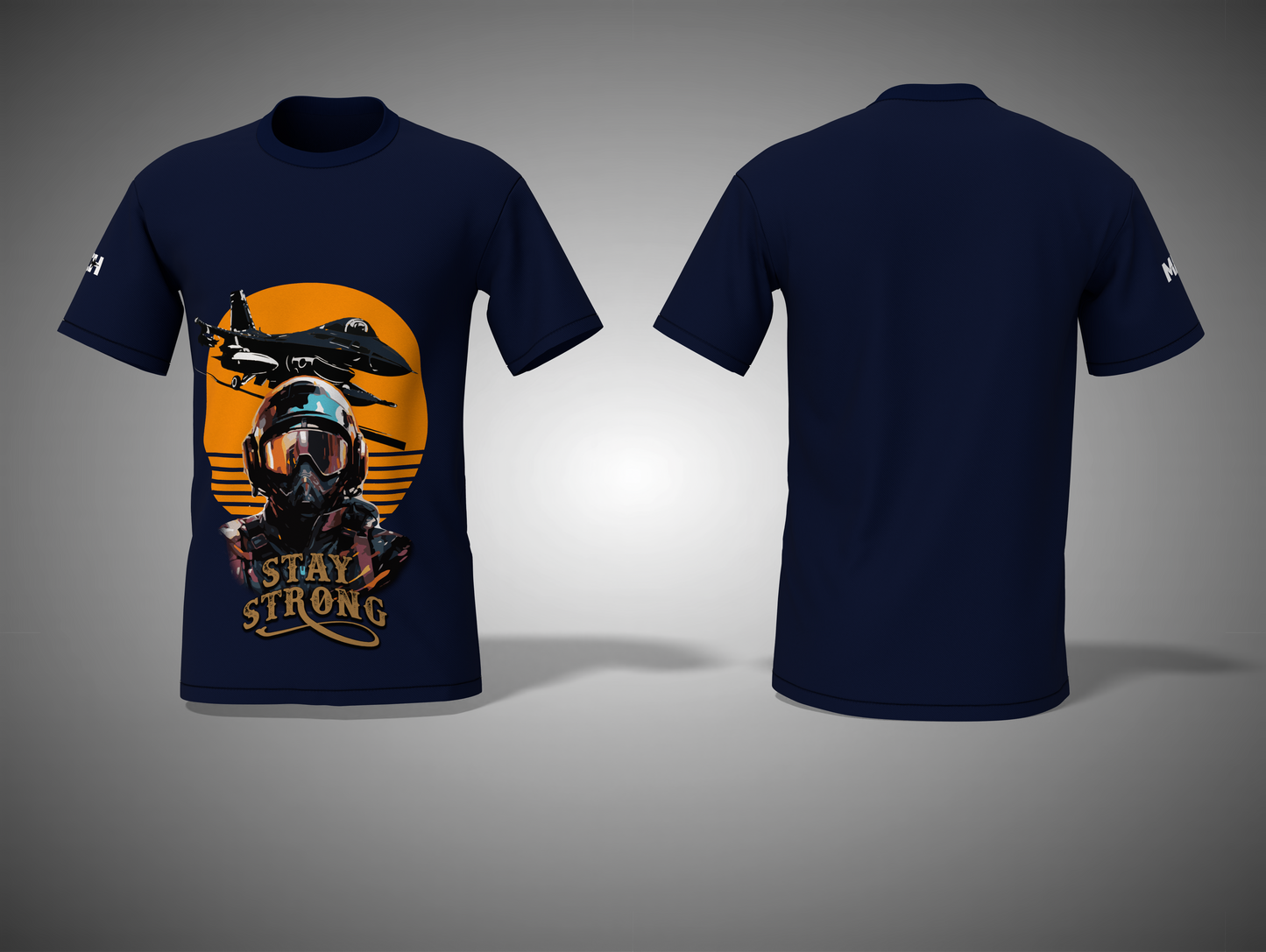 Navy blue t-shirt with graphic design on front and back