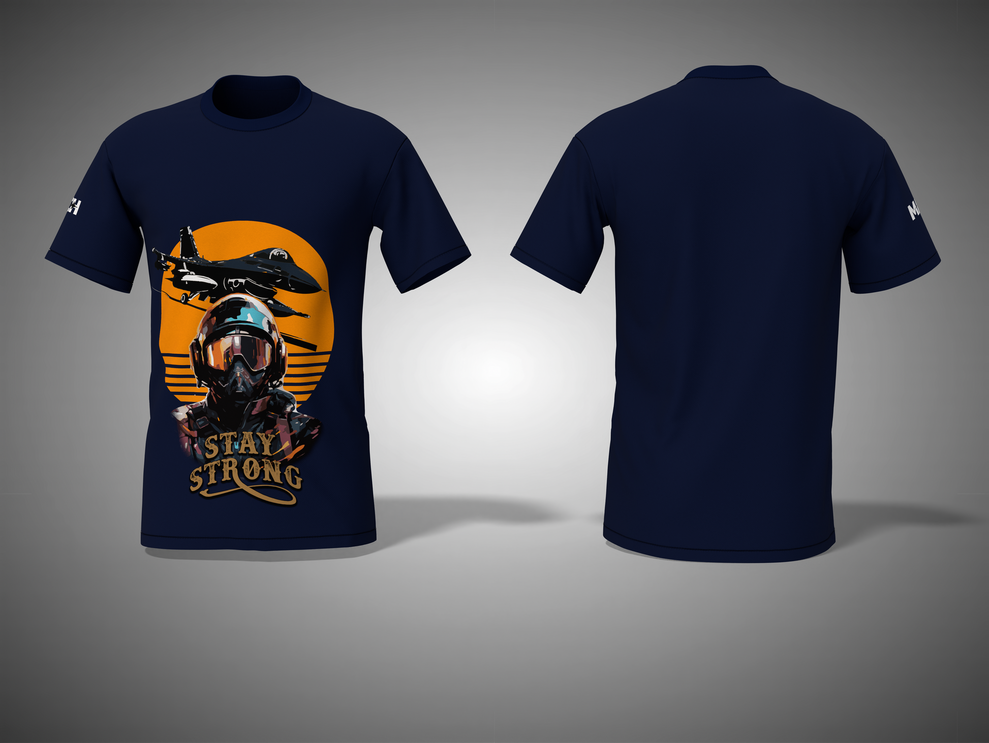 Navy blue t-shirt with graphic design on front and back