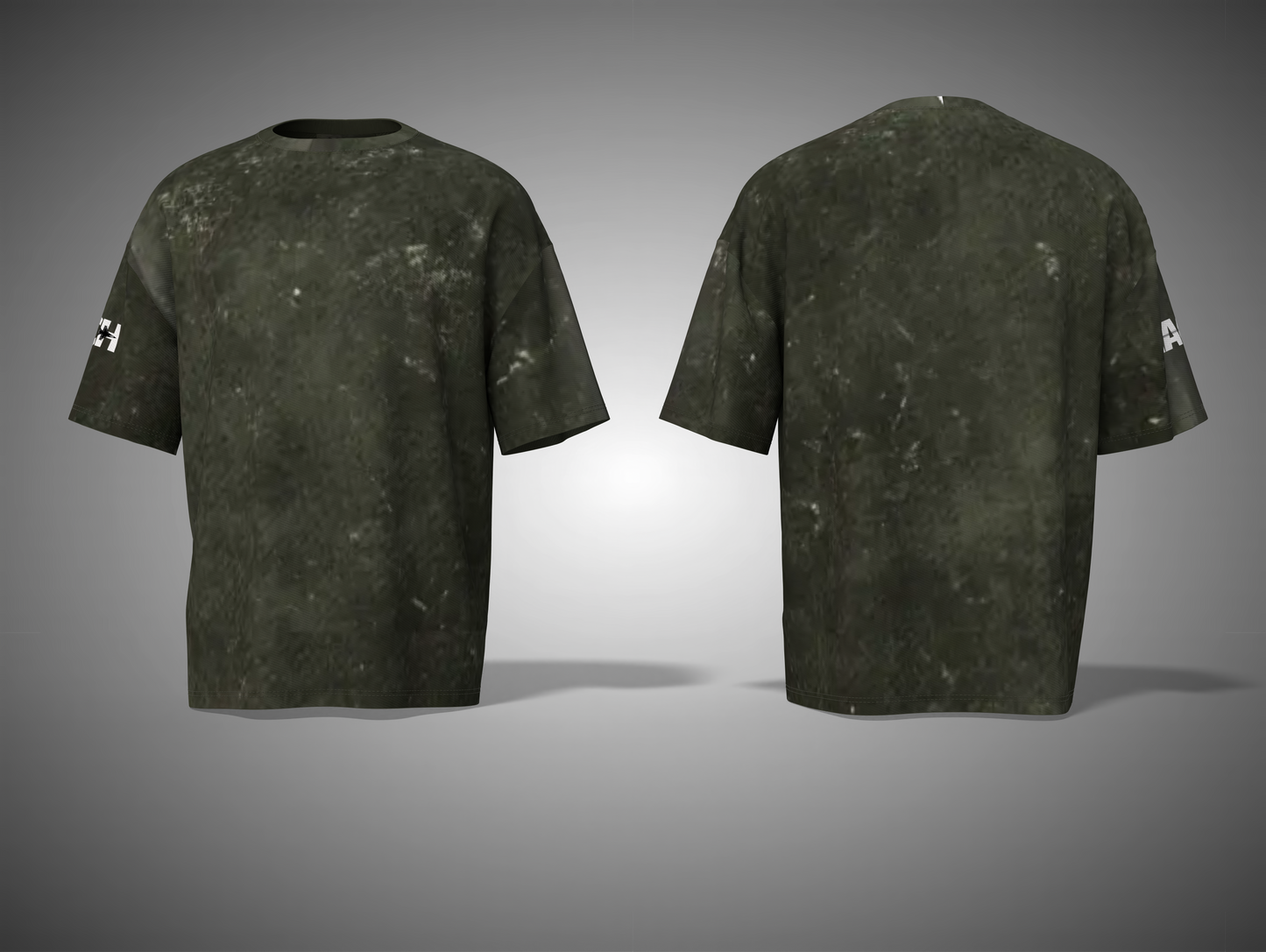 Olive green t-shirt with a brand logo on a gray background