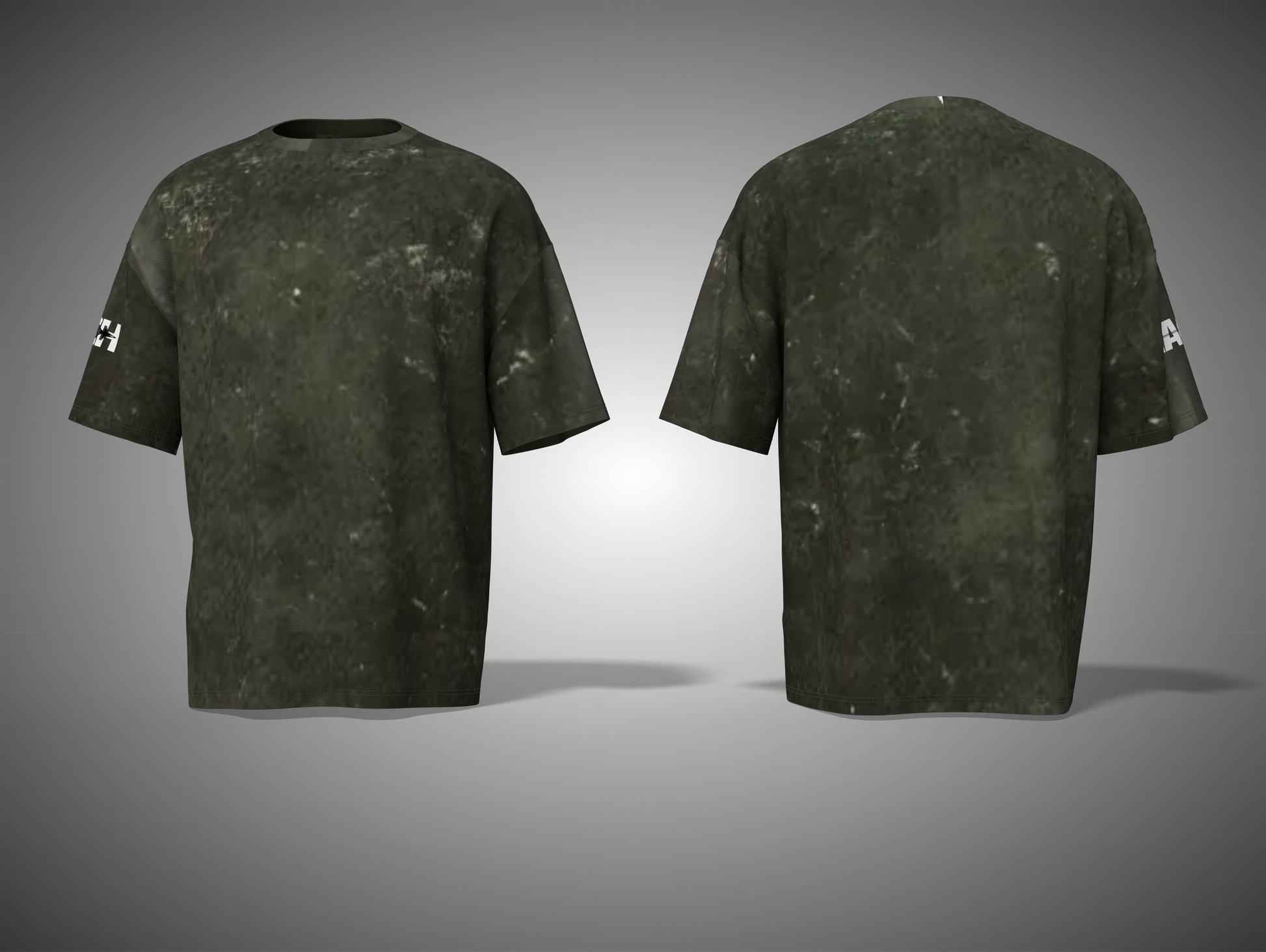 Olive green t-shirt with a brand logo on a gray background