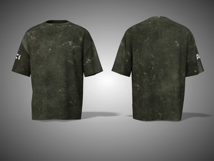 Olive green t-shirt with a brand logo on a gray background