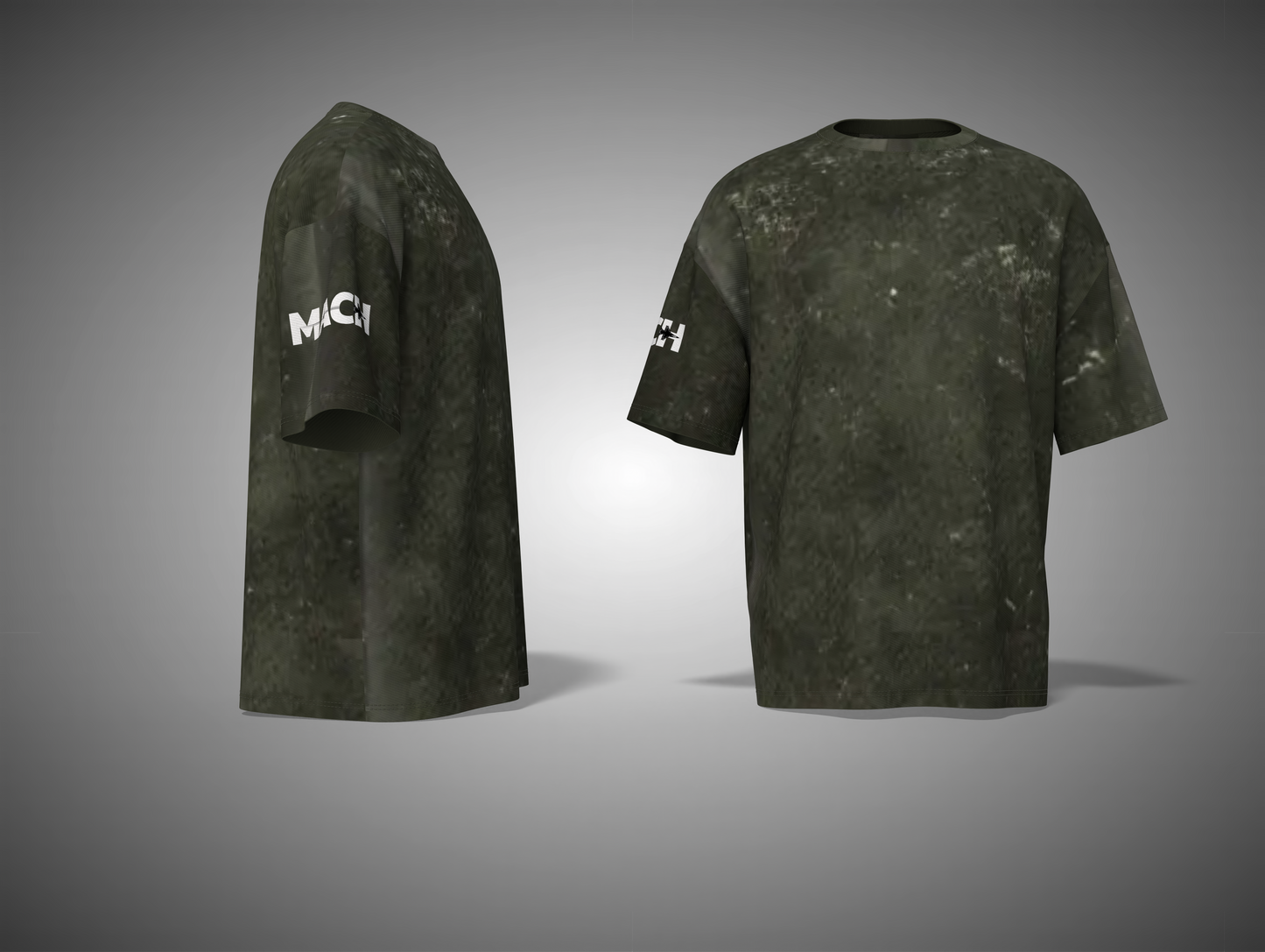 Olive green t-shirt with 'MIC' branding on a gray background