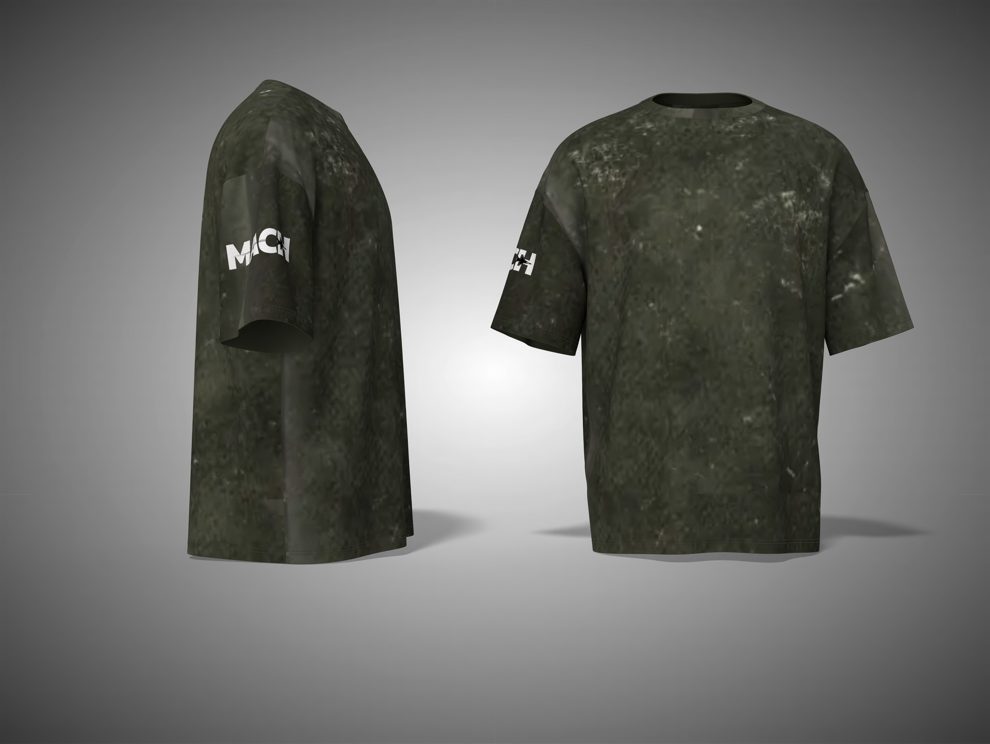 Olive green t-shirt with 'MIC' branding on a gray background