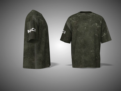 Olive green t-shirt with 'MIC' branding on a gray background