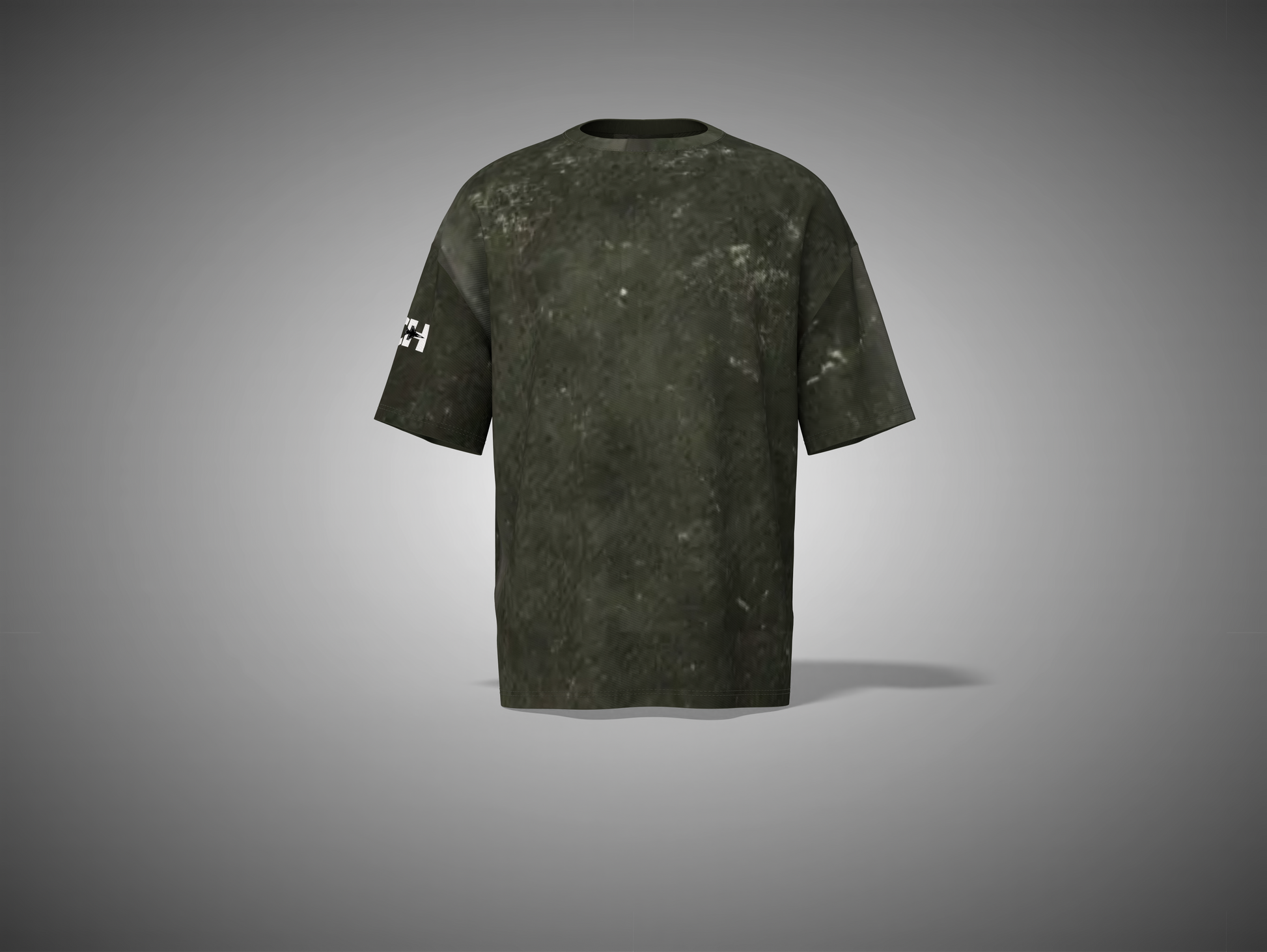 Olive green camouflage t-shirt on a gray background