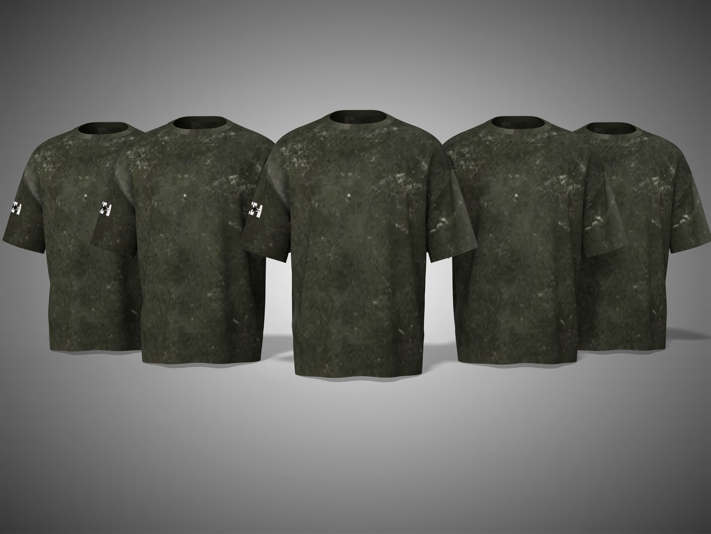 Olive green camouflage t-shirts on a gray background