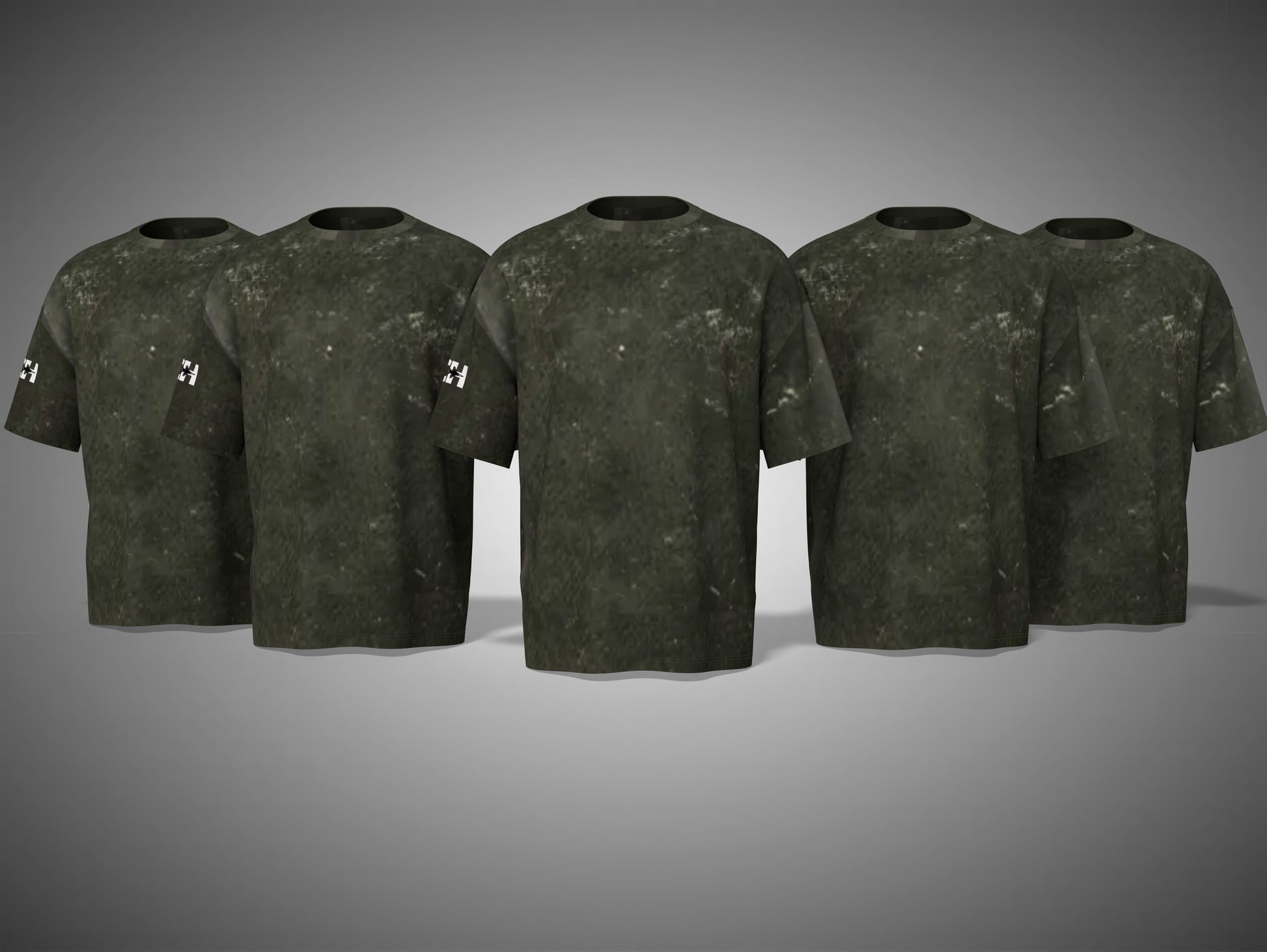 Olive green camouflage t-shirts on a gray background