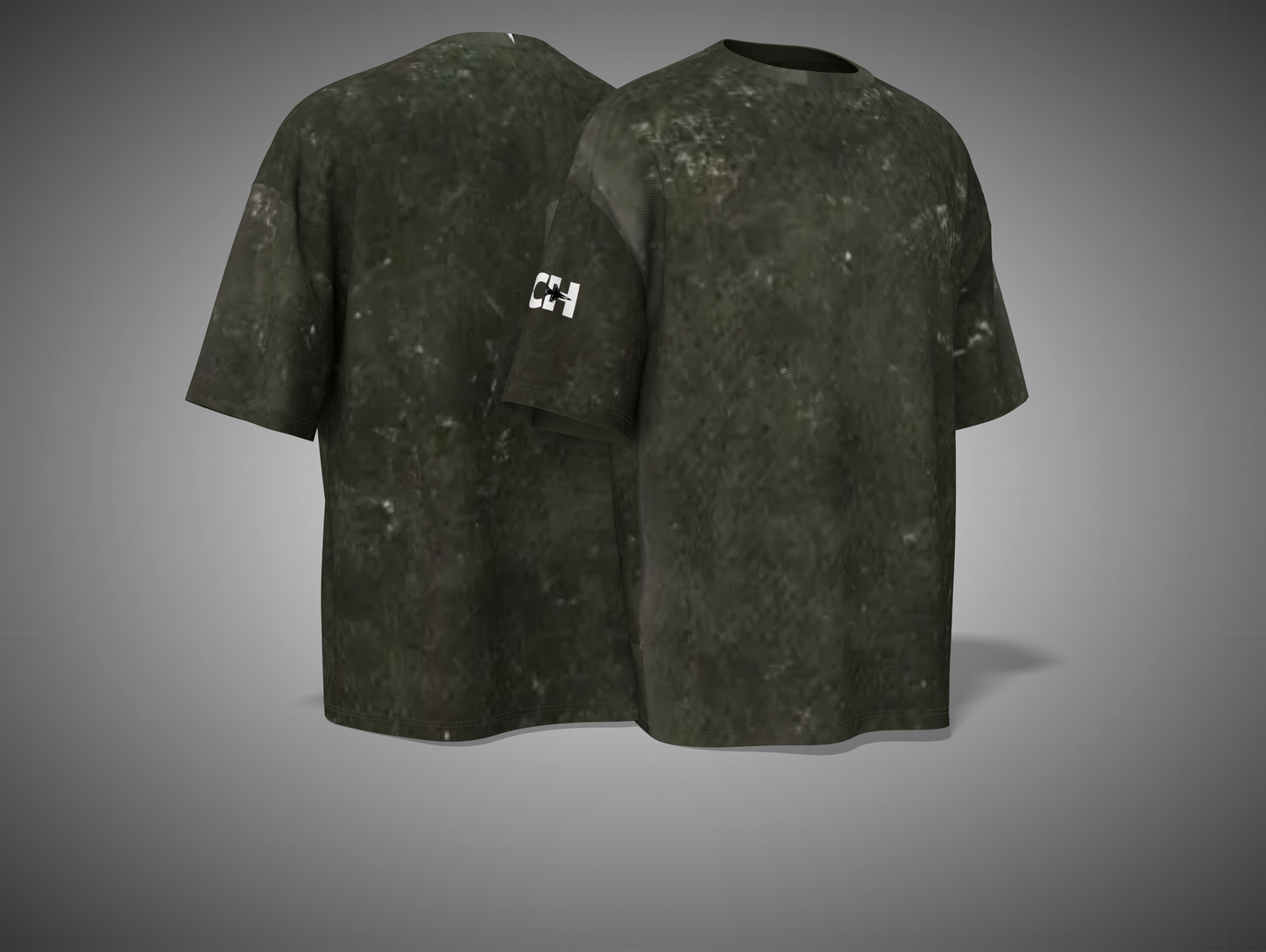 Olive green camouflage t-shirt with a logo on the chest against a gray background