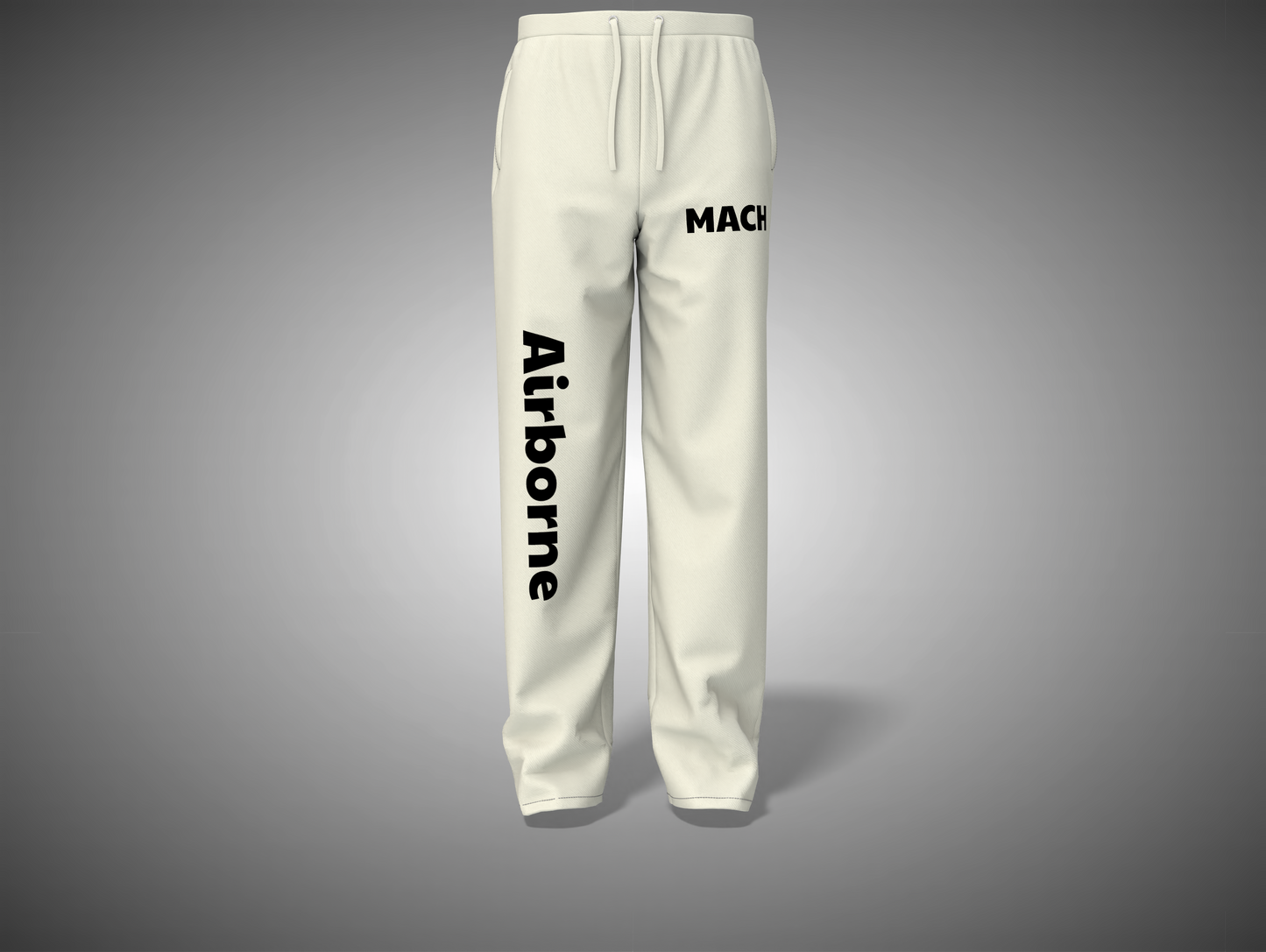 Off White sweatpants with black text on a gray background