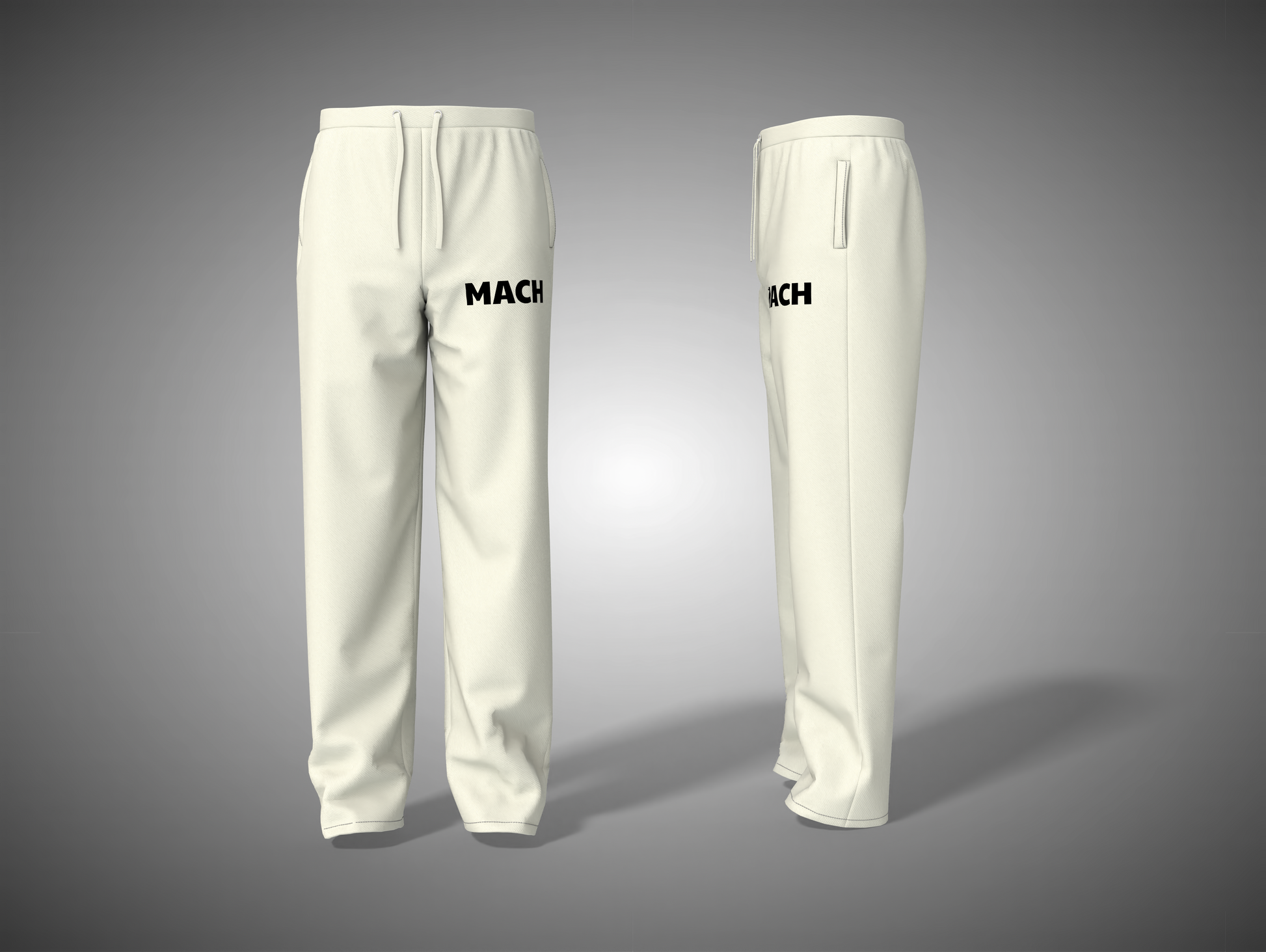 Off_White pants with 'MACH' branding on a gray background