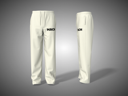 Off_White pants with 'MACH' branding on a gray background