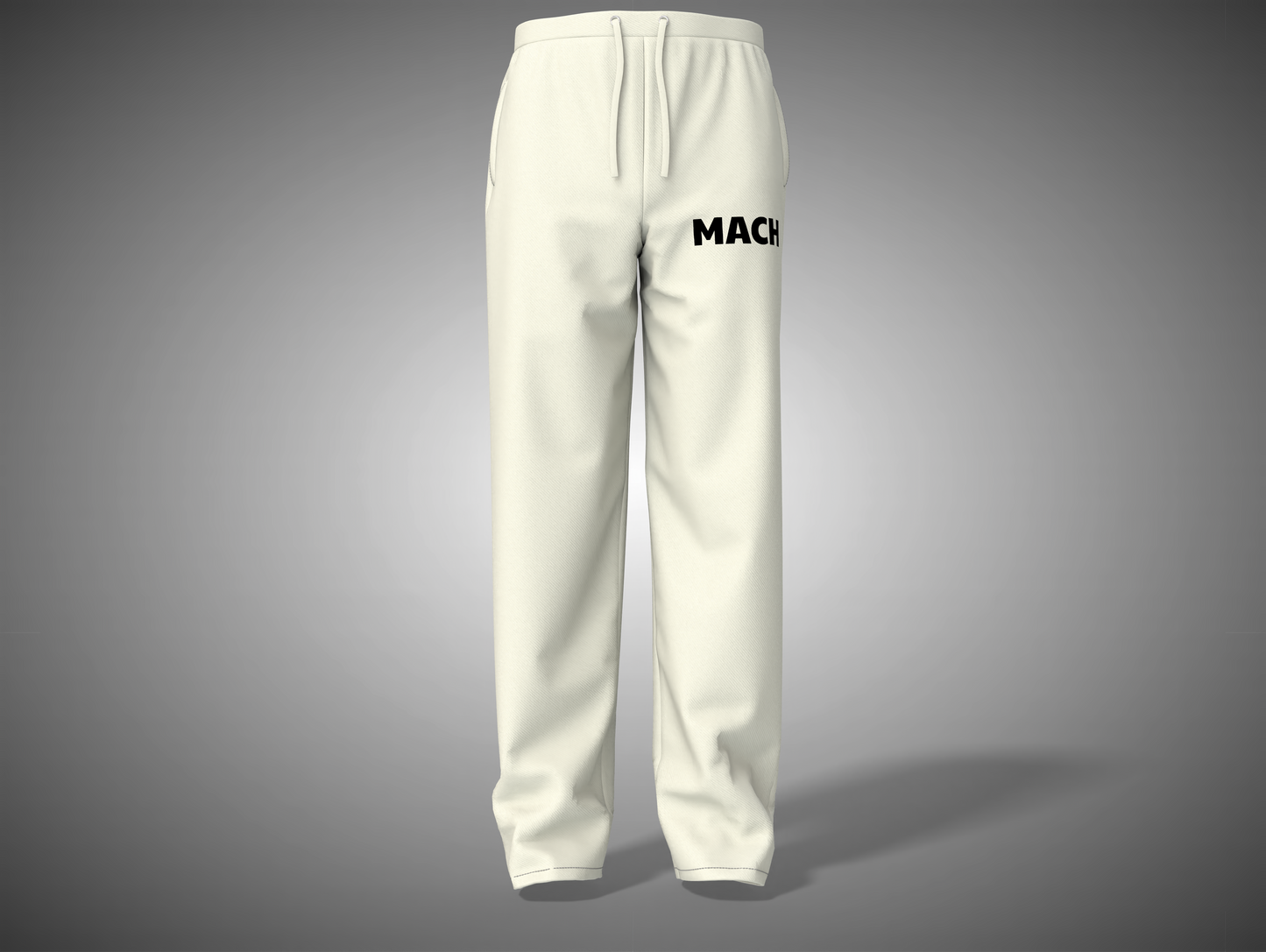 White sweatpants with 'MACH' branding on a gray background