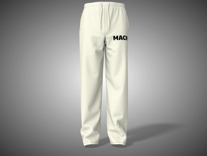 White sweatpants with 'MACH' branding on a gray background