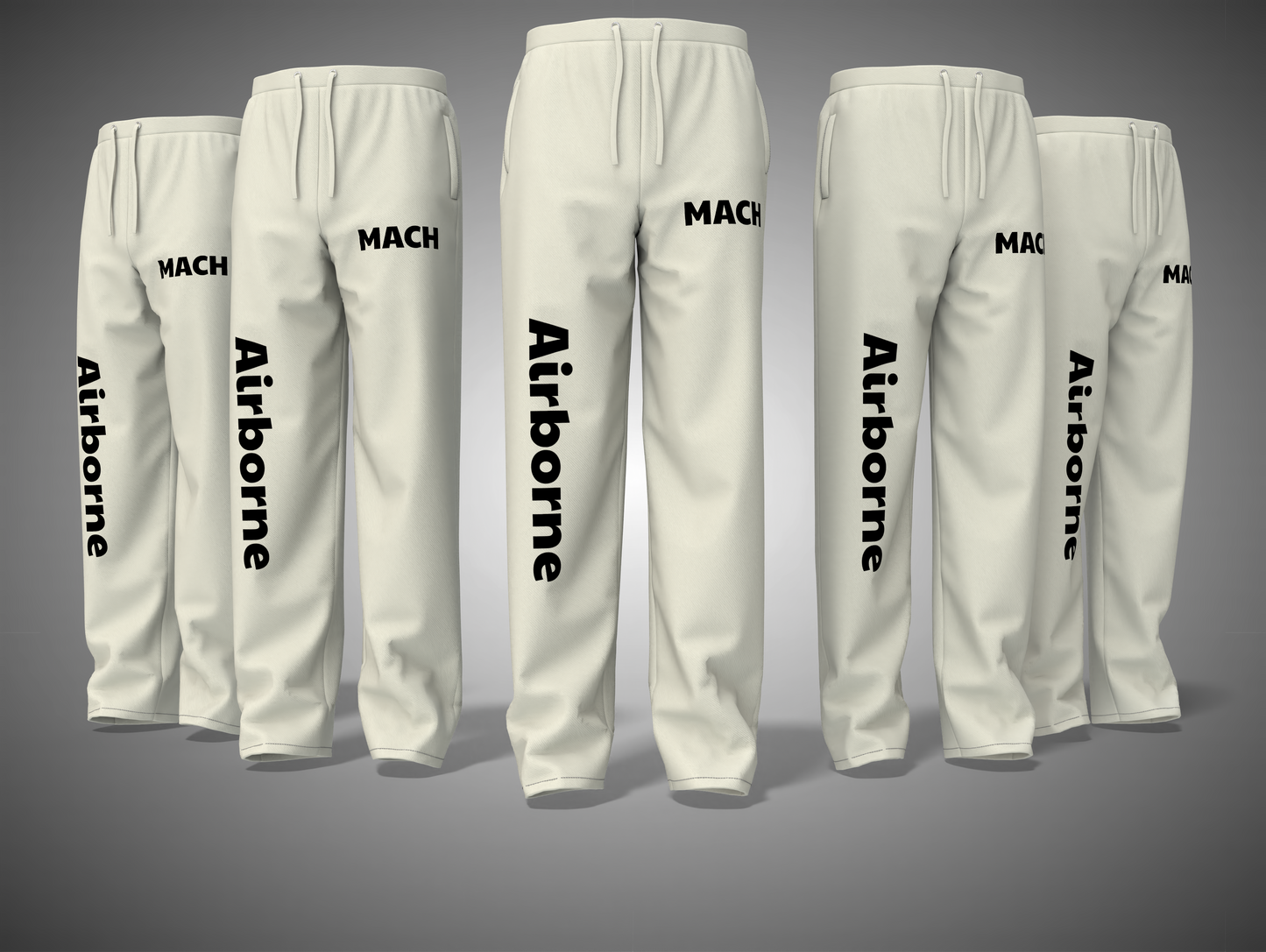 Off White pants with 'Airborne' and 'MACH' text on a gray background