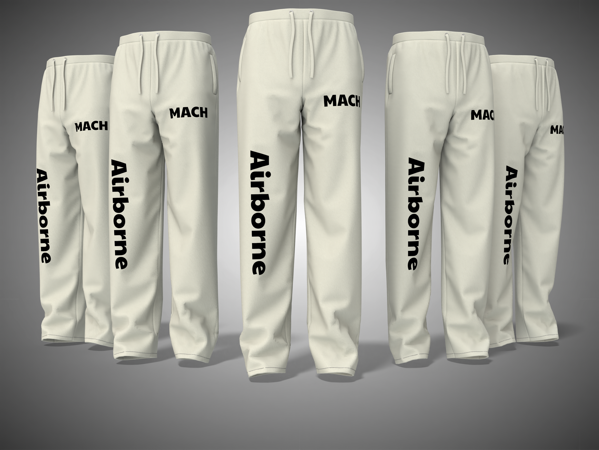 Off White pants with 'Airborne' and 'MACH' text on a gray background